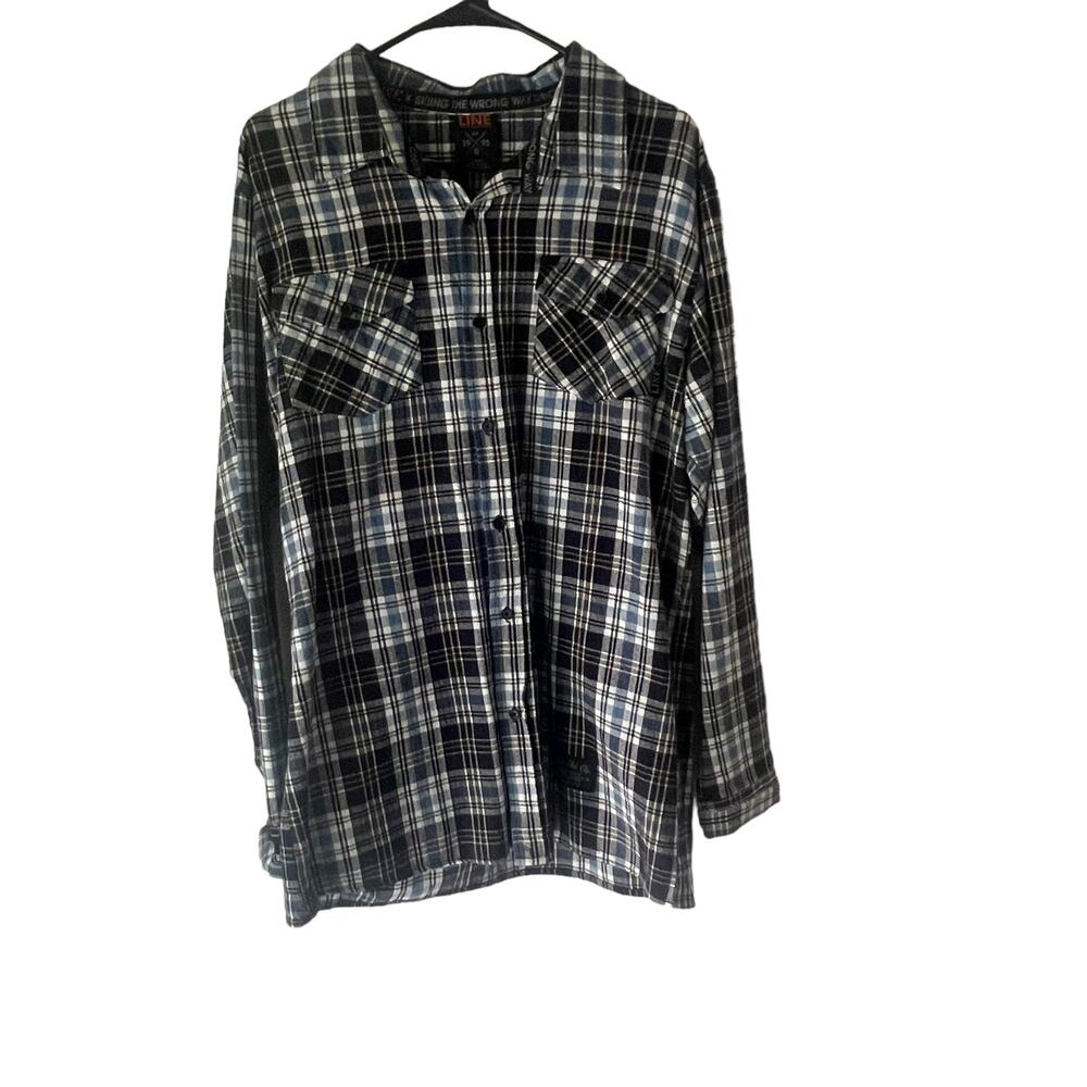 Line Men's Size Large Blue Plaid‎ Long Sleeve Heavy Flannel Button Up Shirt
